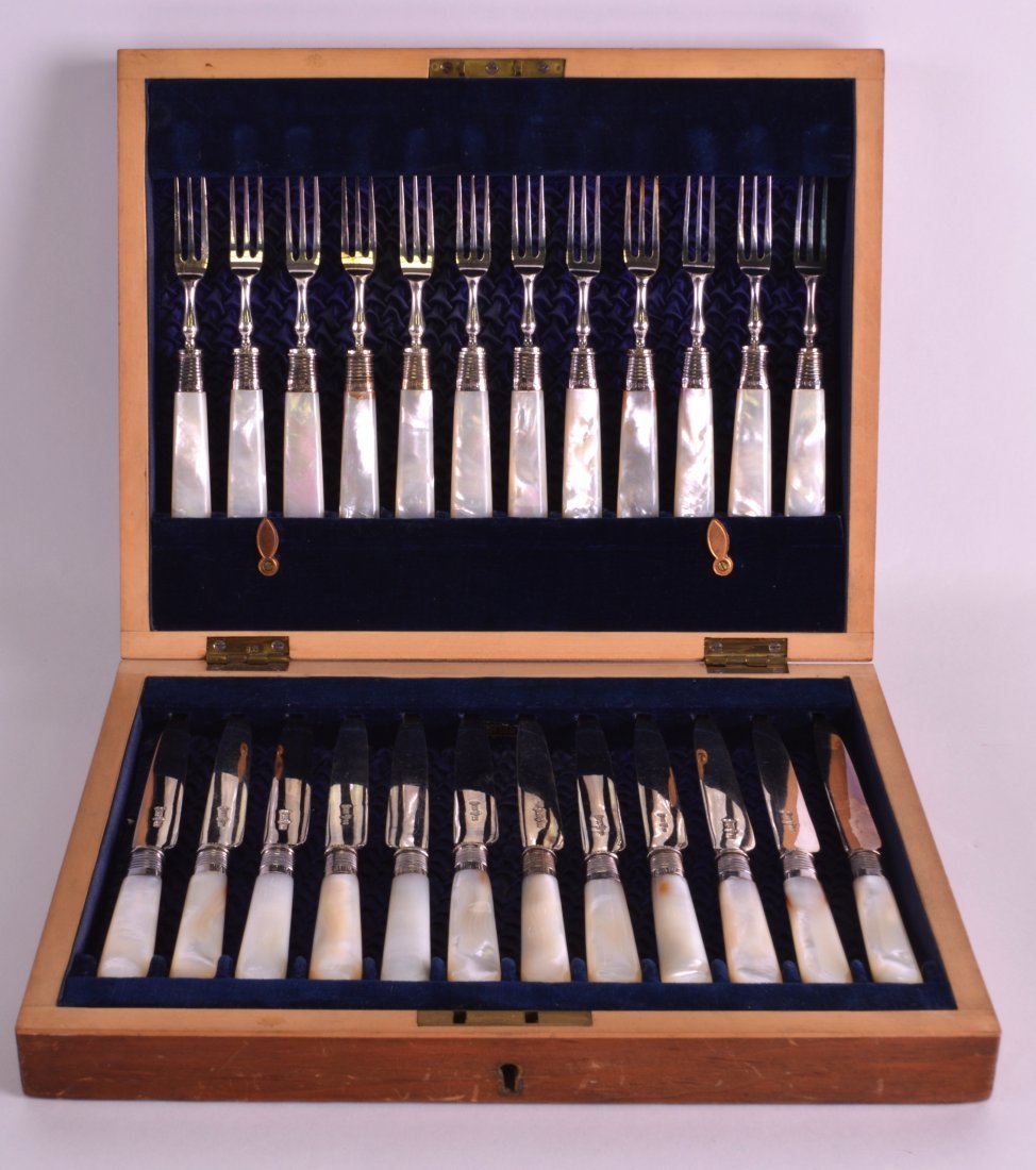 A CASED SET OF TWELVE SILVER MOUNTED AND MOTHER OF (1 of 1)