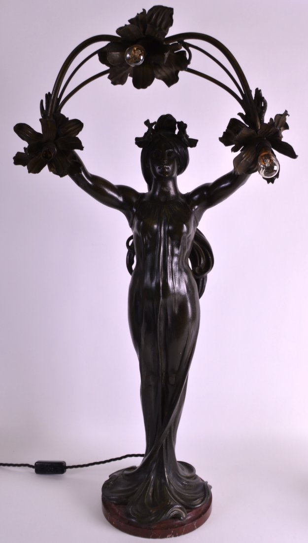 CLAUDE BONNEFOND (1796-1860) A FINE ART NOUVEAU: CLAUDE BONNEFOND (1796-1860) A FINE ART NOUVEAU PATINATED BRONZE FIGURE OF A FEMALE in the form of a lamp, modelled upon a red marble base. 2ft 10ins high.
