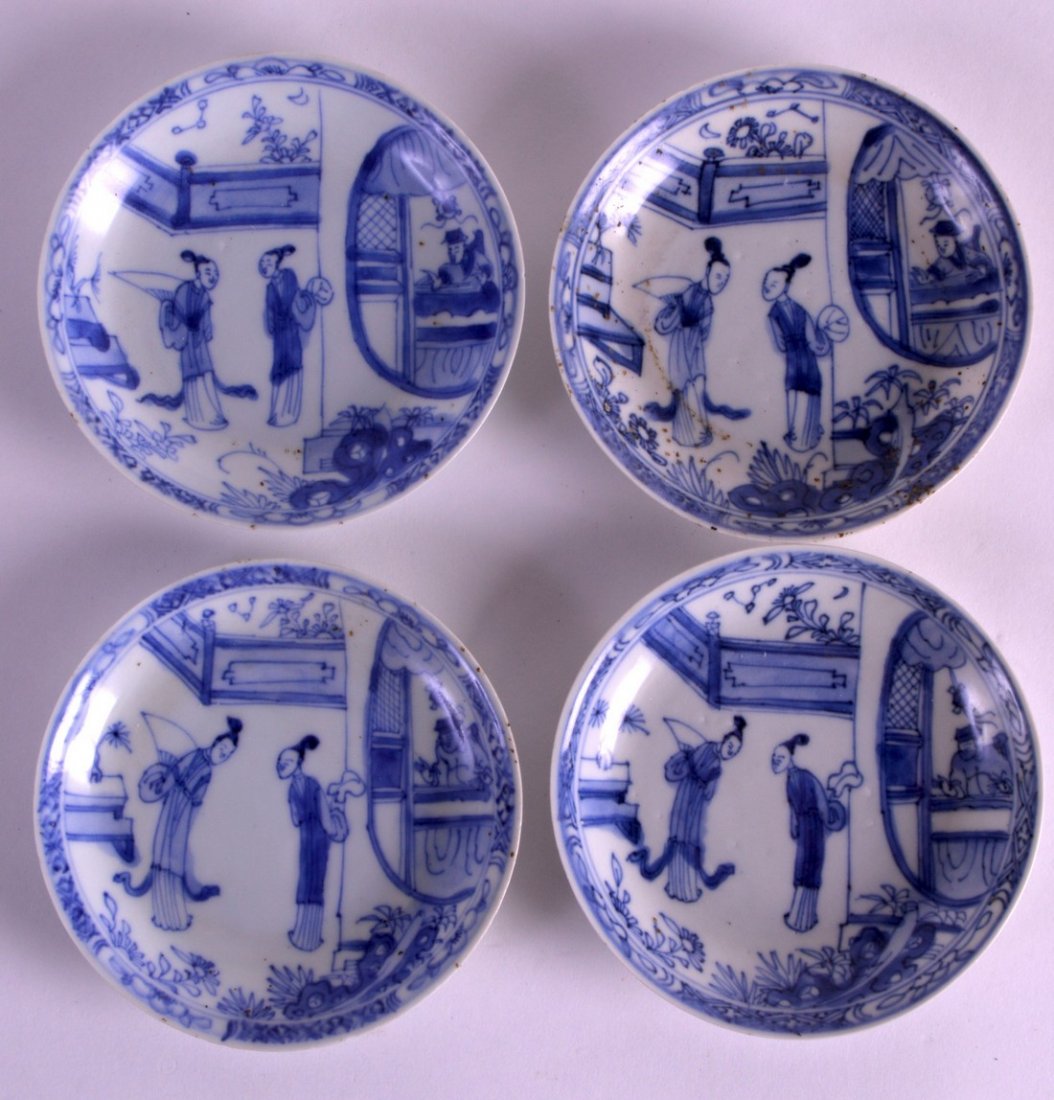 A SET OF FOUR 18TH CENTURY CHINESE CA MAU CARGO SAUCERS: A SET OF FOUR 18TH CENTURY CHINESE CA MAU CARGO SAUCERS painted with two figures before a male peering from a window. 4.25ins diameter. (4)