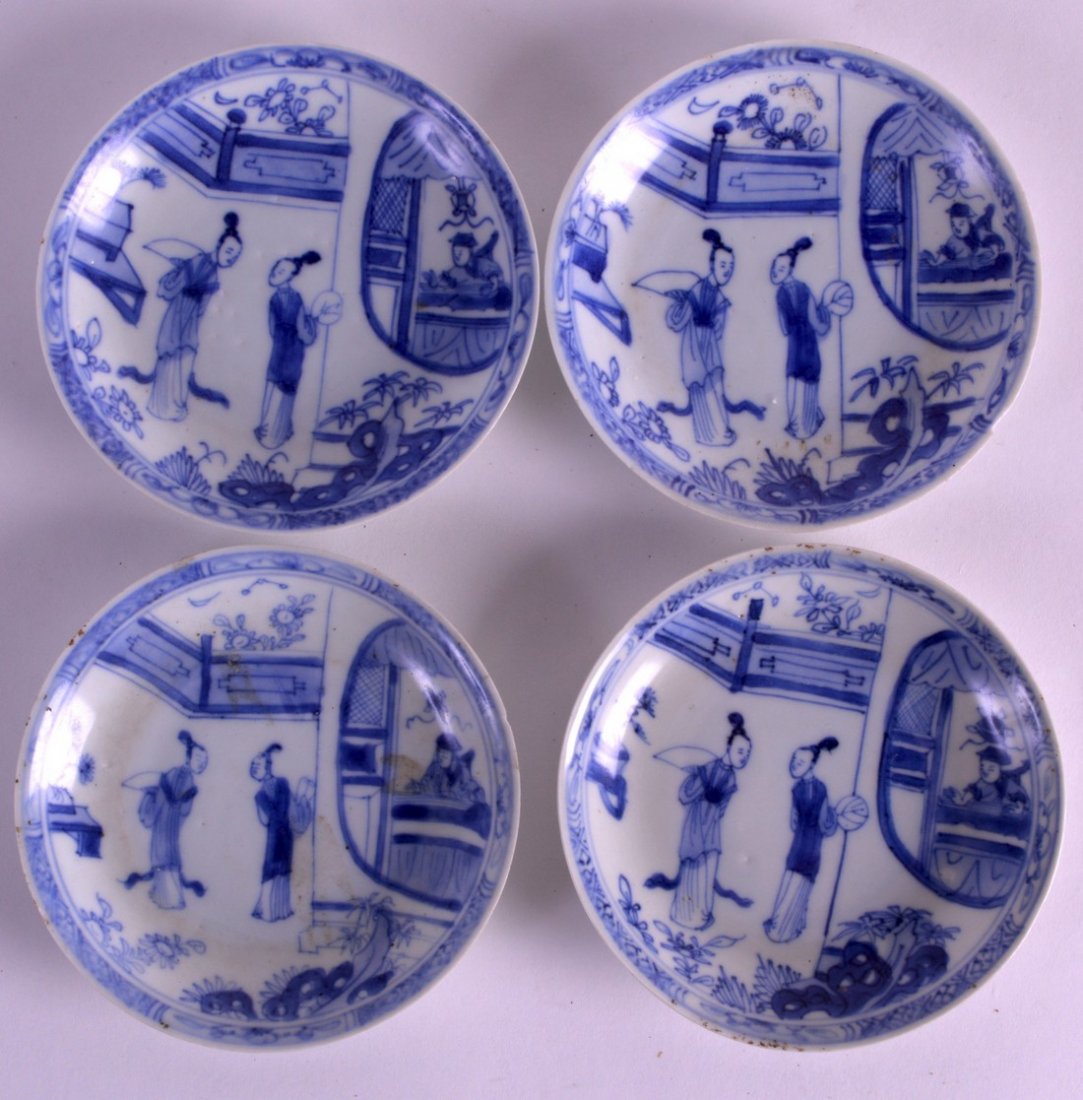 A SET OF FOUR 18TH CENTURY CHINESE CA MAU CARGO SAUCERS: A SET OF FOUR 18TH CENTURY CHINESE CA MAU CARGO SAUCERS painted with two figures before a male peering from a window. 4.25ins diameter. (4)