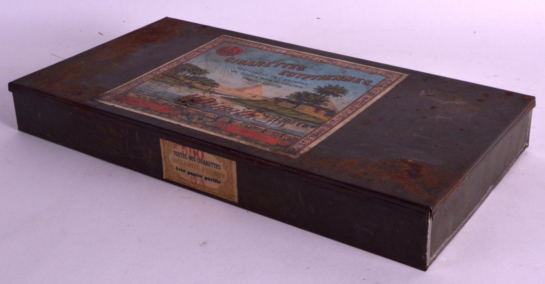 AN ART DECO EGYPTIAN SHEET METAL CIGARETTE TIN. 13Ins (1 of 1)