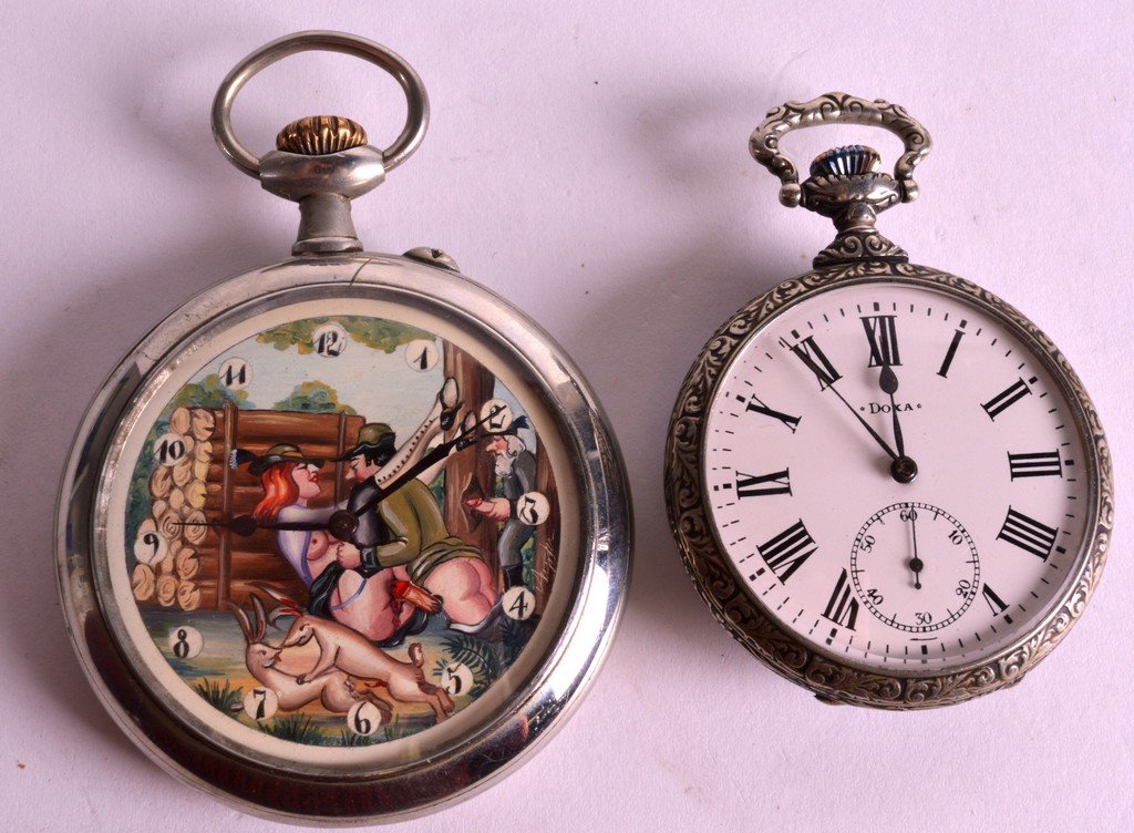 AN EROTIC LARGE GENTLEMANS POCKET WATCH together with a: AN EROTIC LARGE GENTLEMANS POCKET WATCH together with a masonic enamel watch. 2.5ins & 2ins diameter. (2)