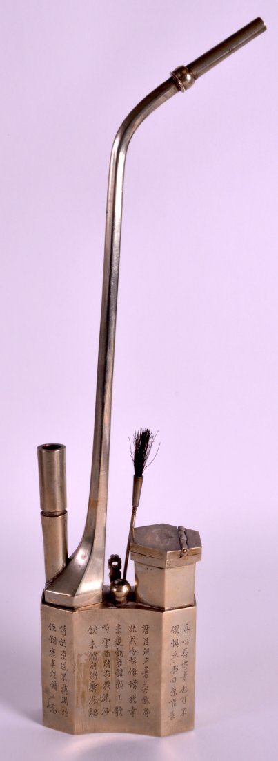 A 19TH CENTURY CHINESE SILVERED OPIUM PIPE engraved all (1 of 2)