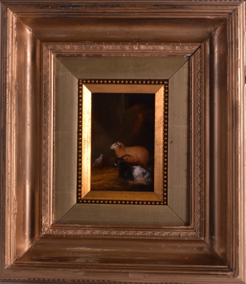 EUROPEAN SCHOOL (C1900) Oil On Board, 'Goat & Chicken'. (1 of 2)