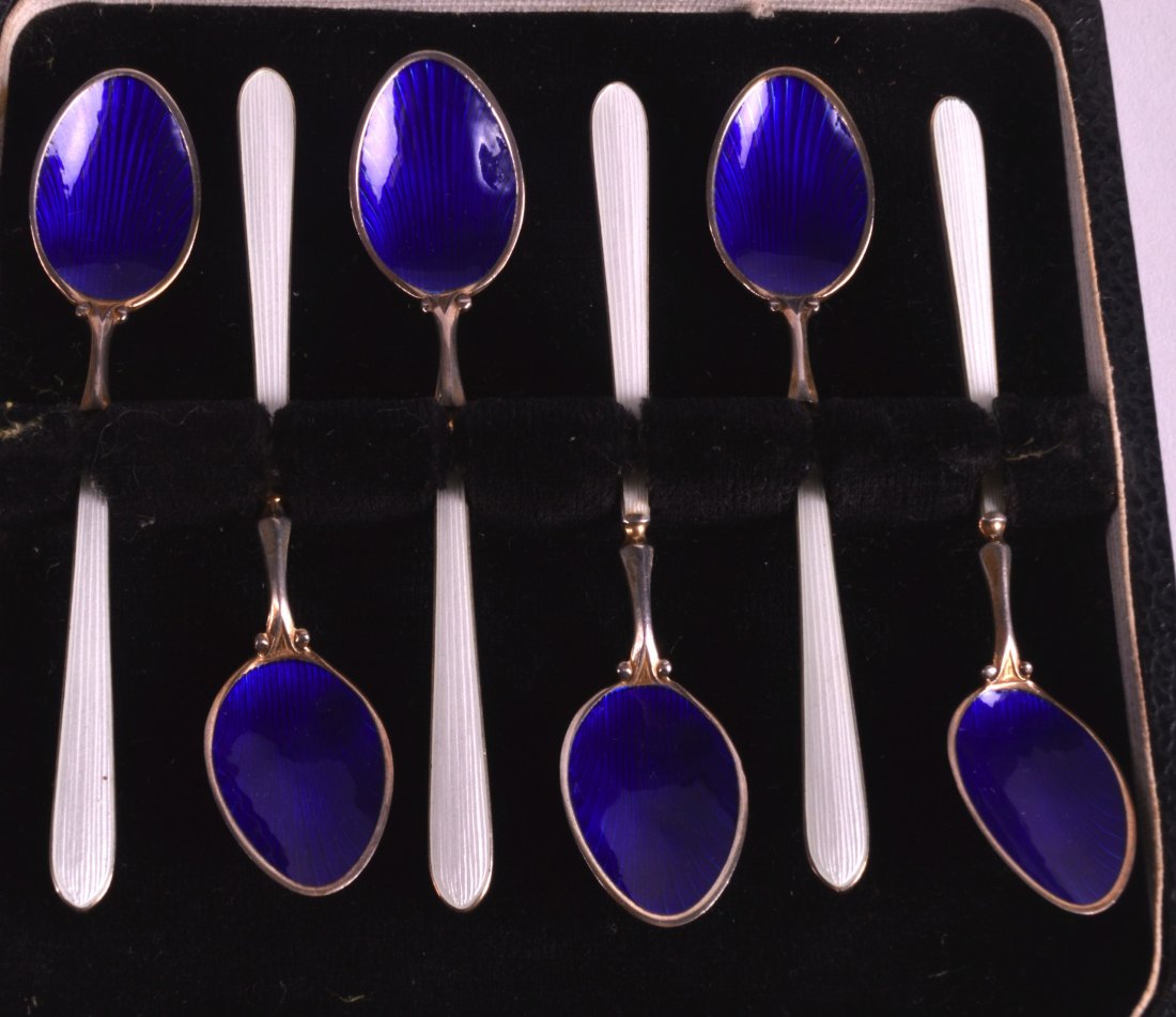 A SET OF SIX 1950S SILVER AN ENAMEL COFFEE SPOONS (1 of 1)