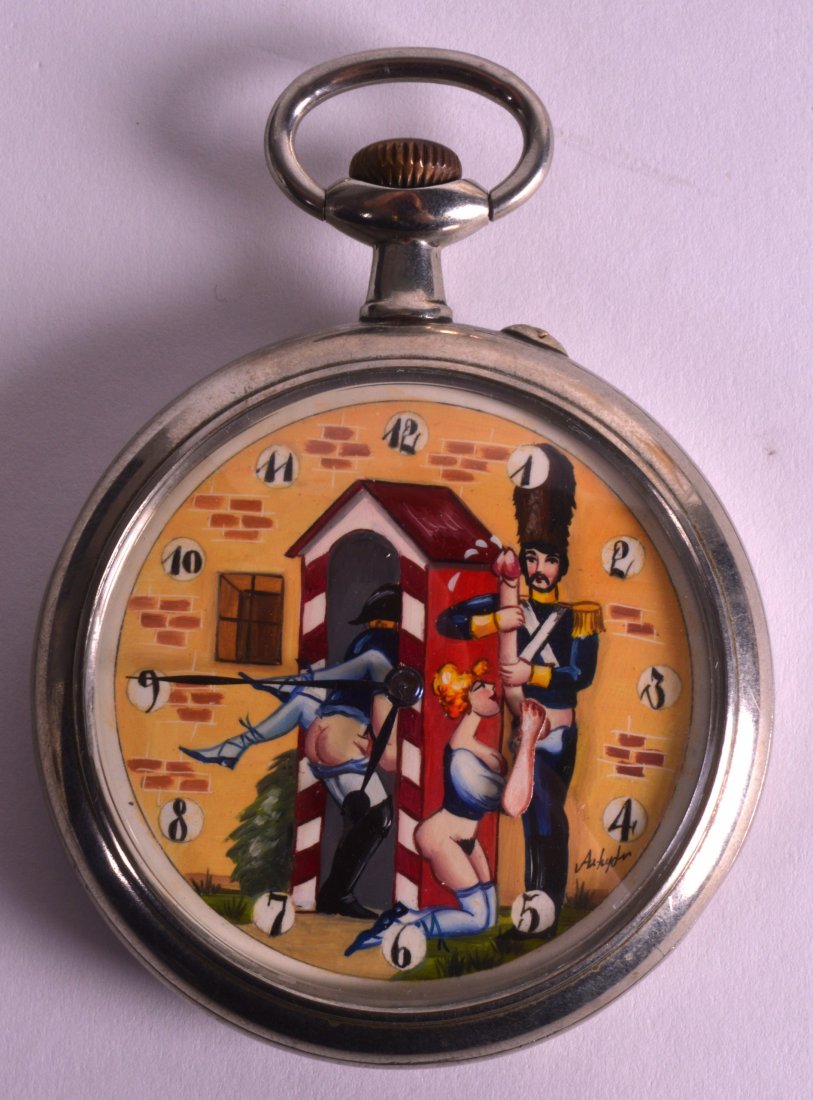 A LARGE EARLY 20TH CENTURY DOXA SILVER POCKET WATCH the: A LARGE EARLY 20TH CENTURY DOXA SILVER POCKET WATCH the dial depicting erotic scenes. 2.5ins diameter.