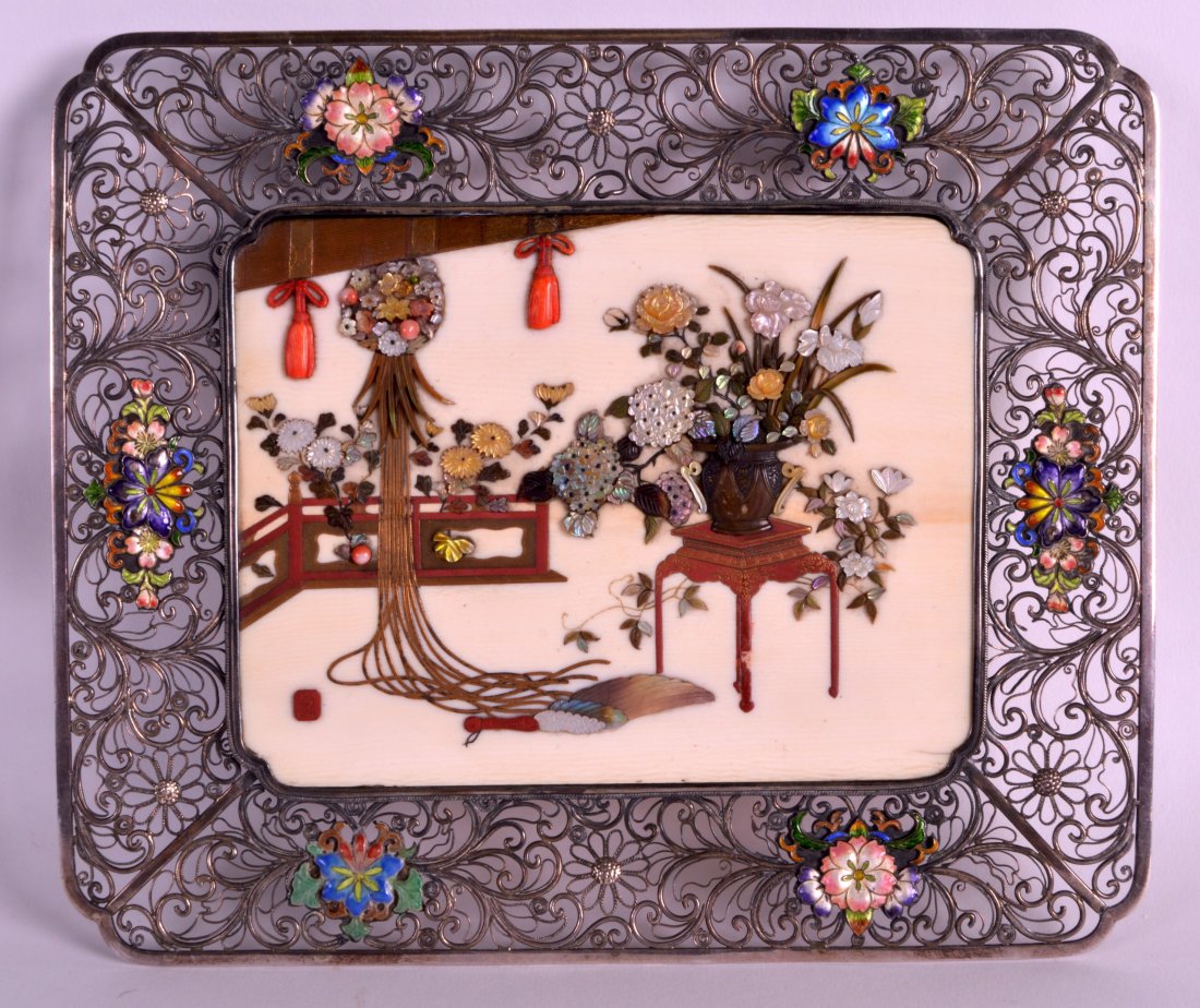 A SUPERB 19TH CENTURY JAPANESE SHIBAYAMA SILVER AND: A SUPERB 19TH CENTURY JAPANESE SHIBAYAMA SILVER AND IVORY RECTANGULAR TRAY wonderfully decorated with a central depicting or urns, flowers and lacquer wares. 8Ins wide.