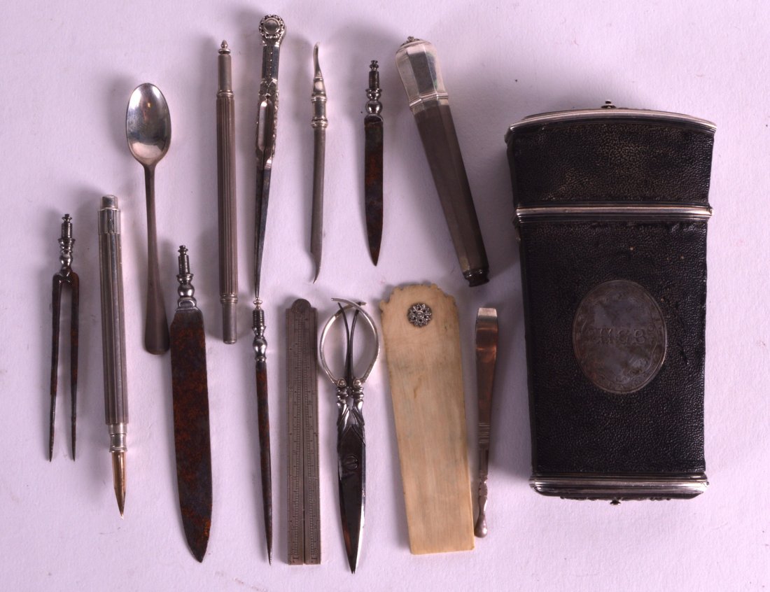 A SUPERB GEORGE III SILVER MOUNTED DOUBLE ENDED: A SUPERB GEORGE III SILVER MOUNTED DOUBLE ENDED SHAGREEN ETUI with an extraordinary amount of utensils, including nutmeg graters, spoons, and instruments etc. 4.5ins x 2.25ins.