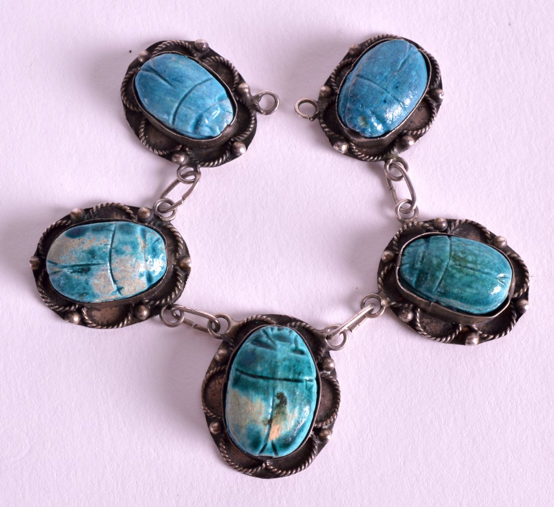 A 1920S LADIES SILVER AND SCARAB BEETLE BRACELET.: A 1920S LADIES SILVER AND SCARAB BEETLE BRACELET. 4.5ins long.