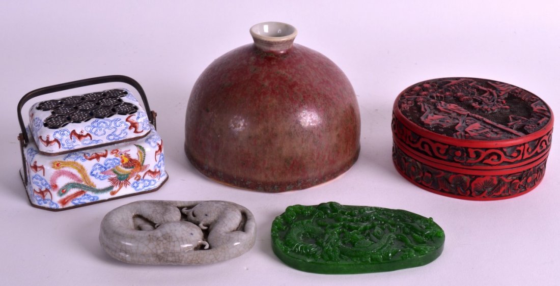 A CHINESE FLAMBE GLAZED BRUSH WASHER 20th Century,: A CHINESE FLAMBE GLAZED BRUSH WASHER 20th Century, together with a Cantonese cricket box etc. (5)