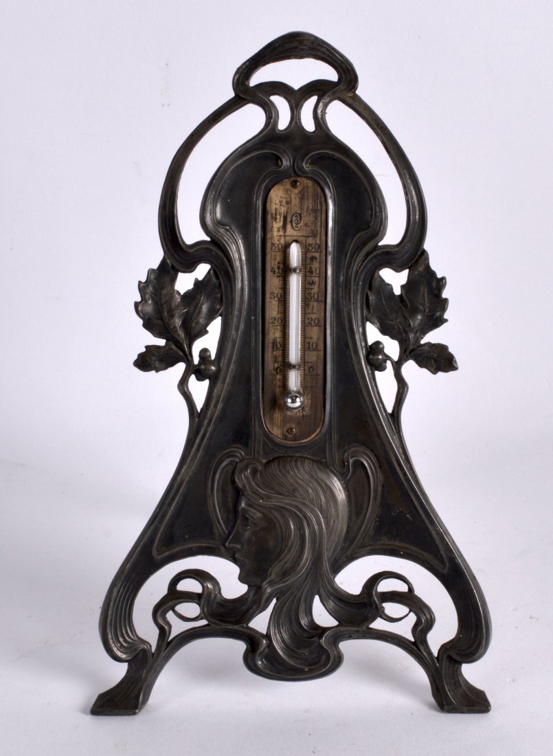 AN ART NOUVEAU PEWTER DESK THERMOMETER Attributed to (1 of 1)