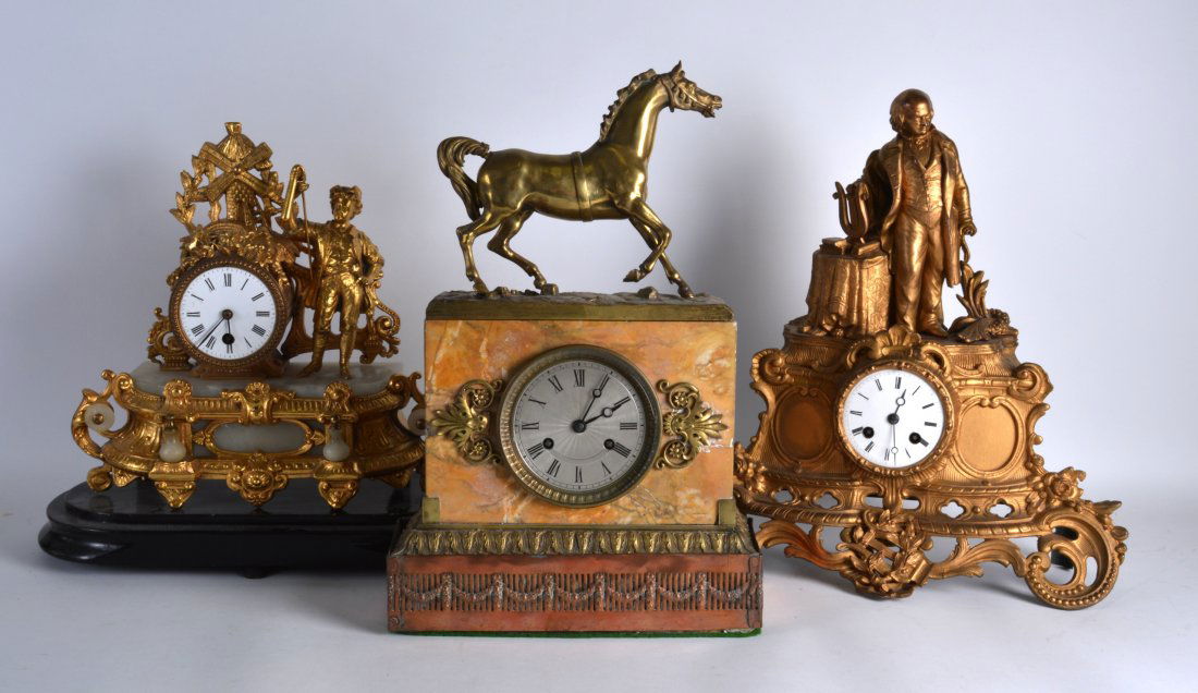 A LATE 19TH CENTURY SPELTER MANTEL CLOCK together with (1 of 2)