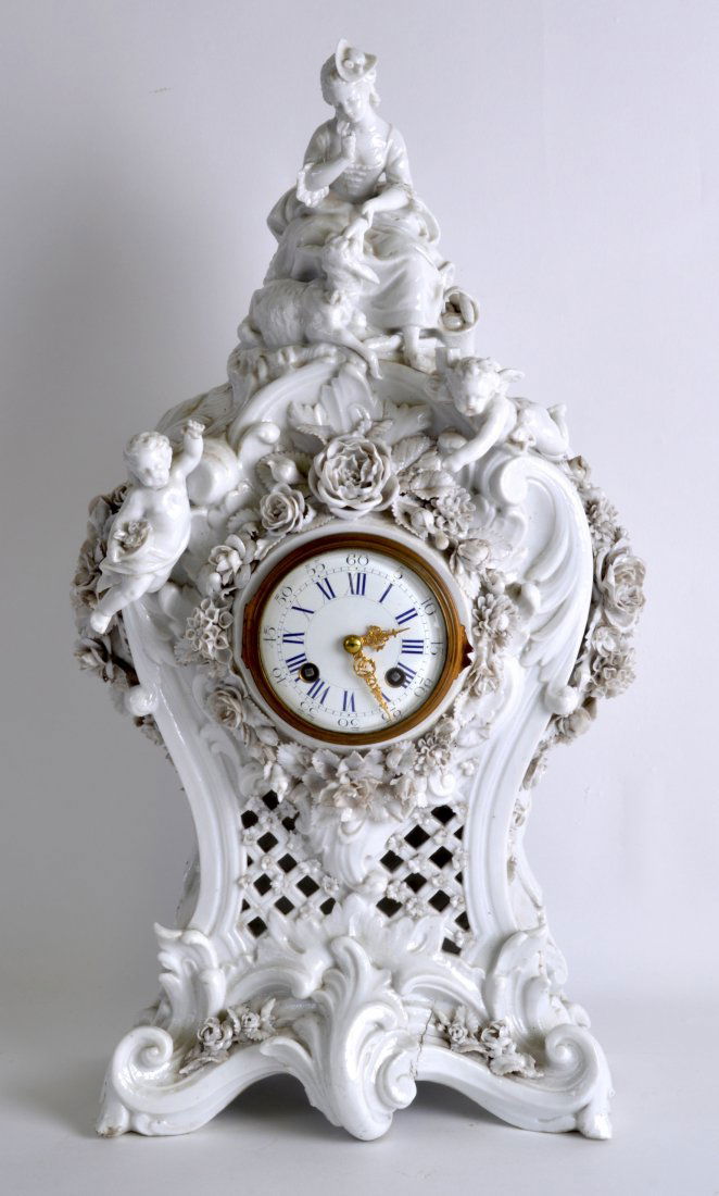 A LOVELY 19TH CENTURY GERMAN WHITE GLAZED MANTEL CLOCK (1 of 4)