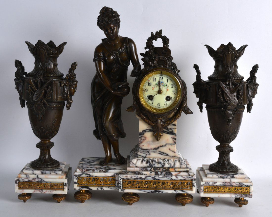 A LATE 19TH CENTURY FRENCH SPELTER CLOCK GARNITURE (1 of 2)