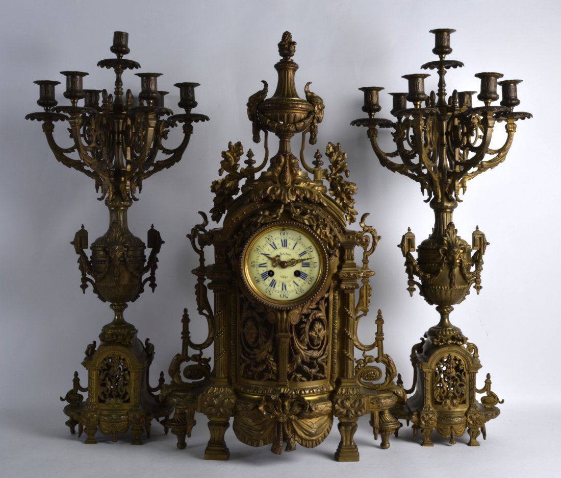 A HUGE 19TH CENTURY FRENCH BRONZE CLOCK GARNITURE the (1 of 2)