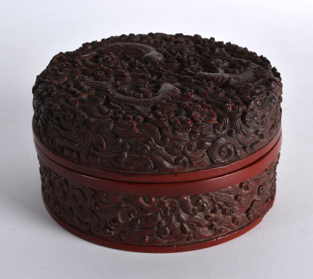 A LOVELY CHINESE CARVED RED LACQUER BOX AND COVER the (1 of 2)