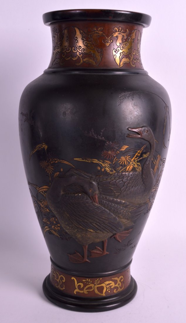 A GOOD 19TH CENTURY JAPANESE BRONZE VASE decorated in (1 of 3)