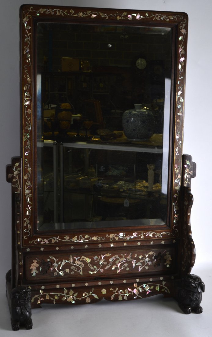 A 19TH CENTURY CHINESE CARVED HONGMU MIRROR ON STAND (1 of 2)