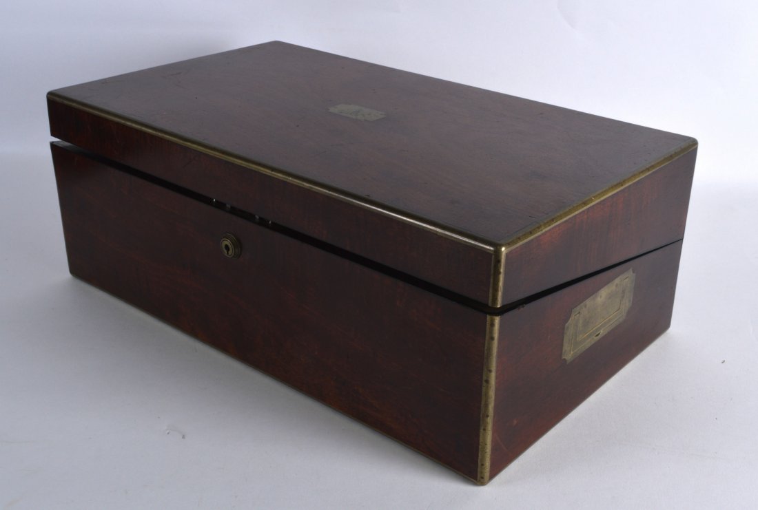 A 19TH CENTURY MAHOGANY CAMPAIGN TYPE WRITING BOX the (1 of 2)