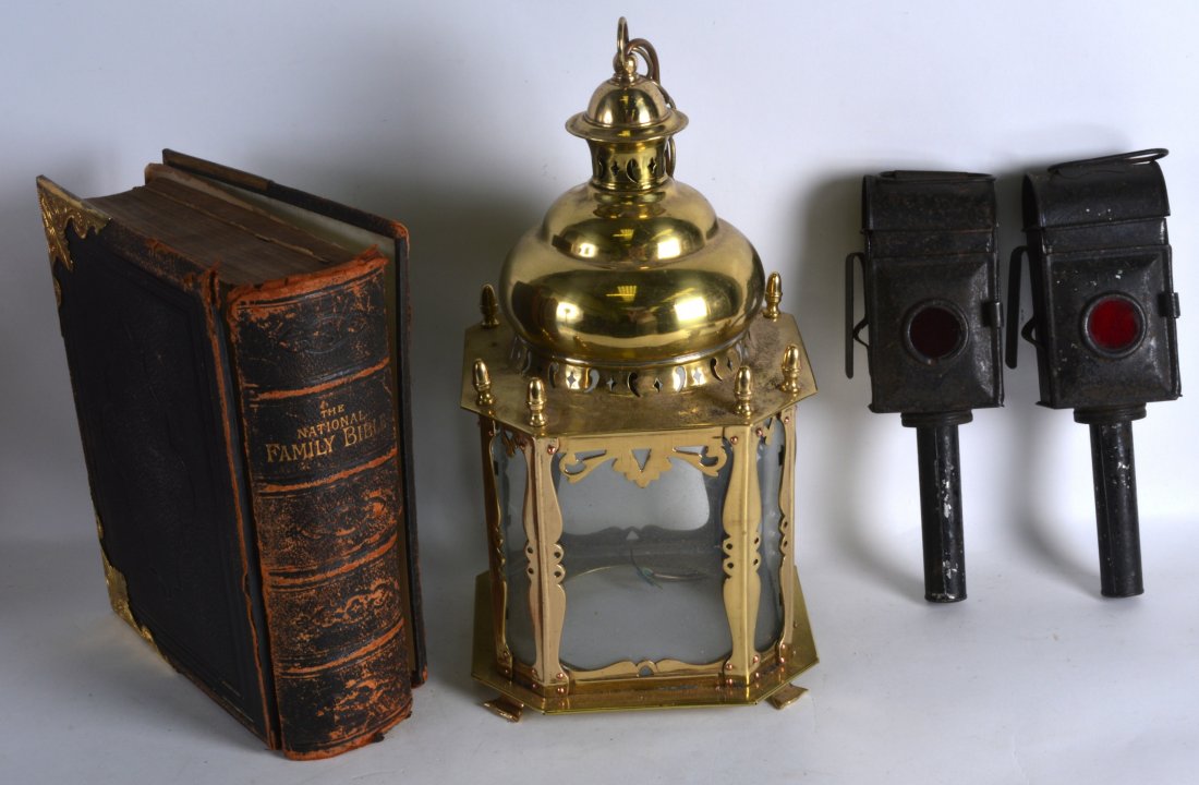 A PAIR OF VINTAGE BLACK PAINTED COACH TYPE LANTERNS: A PAIR OF VINTAGE BLACK PAINTED COACH TYPE LANTERNS together with an antique bible & a brass lantern. (4)