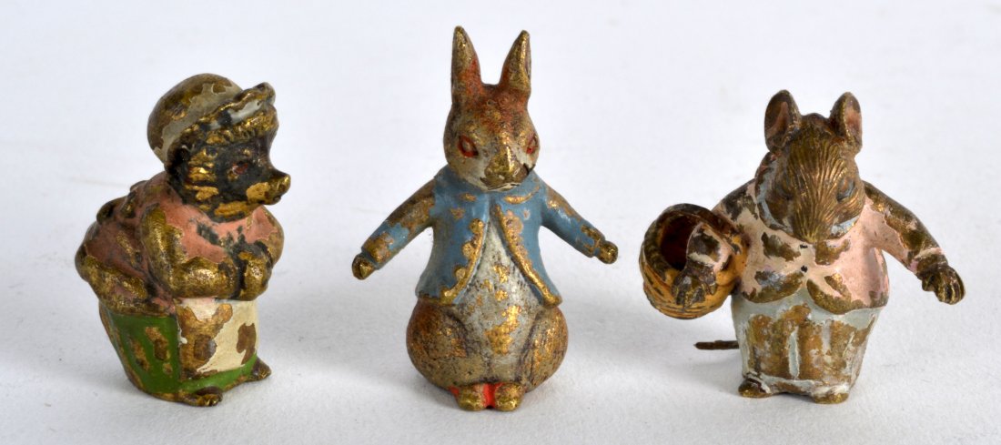 A SET OF THREE EARLY 20TH CENTURY COLD PAINTED BEATRIX: A SET OF THREE EARLY 20TH CENTURY COLD PAINTED BEATRIX POTTER FIGURES. Largest 1.25ins high. (3)
