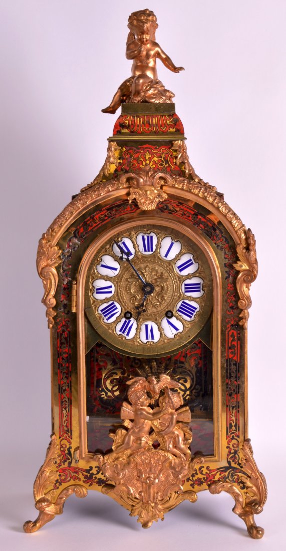 A LATE 19TH CENTURY FRENCH BOULLE MANTEL CLOCK with (1 of 2)