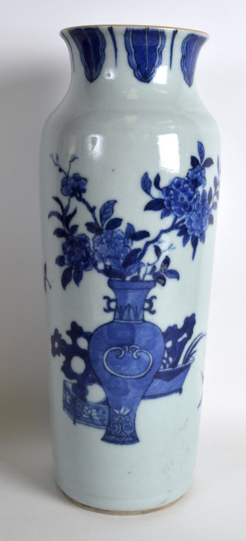 A CHINESE BLUE AND WHITE SLEEVE VASE 20th Century, (1 of 3)