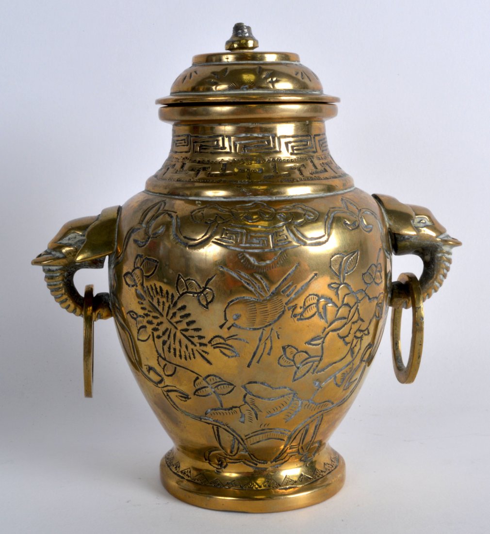 A LATE 19TH CENTURY CHINESE TWIN HANDLED BRONZE VASE & (1 of 3)