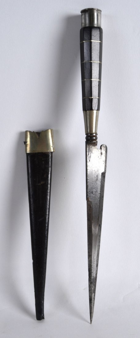AN UNUSUAL EARLY 20TH CENTURY LEATHER CASED STILETTO: AN UNUSUAL EARLY 20TH CENTURY LEATHER CASED STILETTO KNIFE. 11.25ins long.
