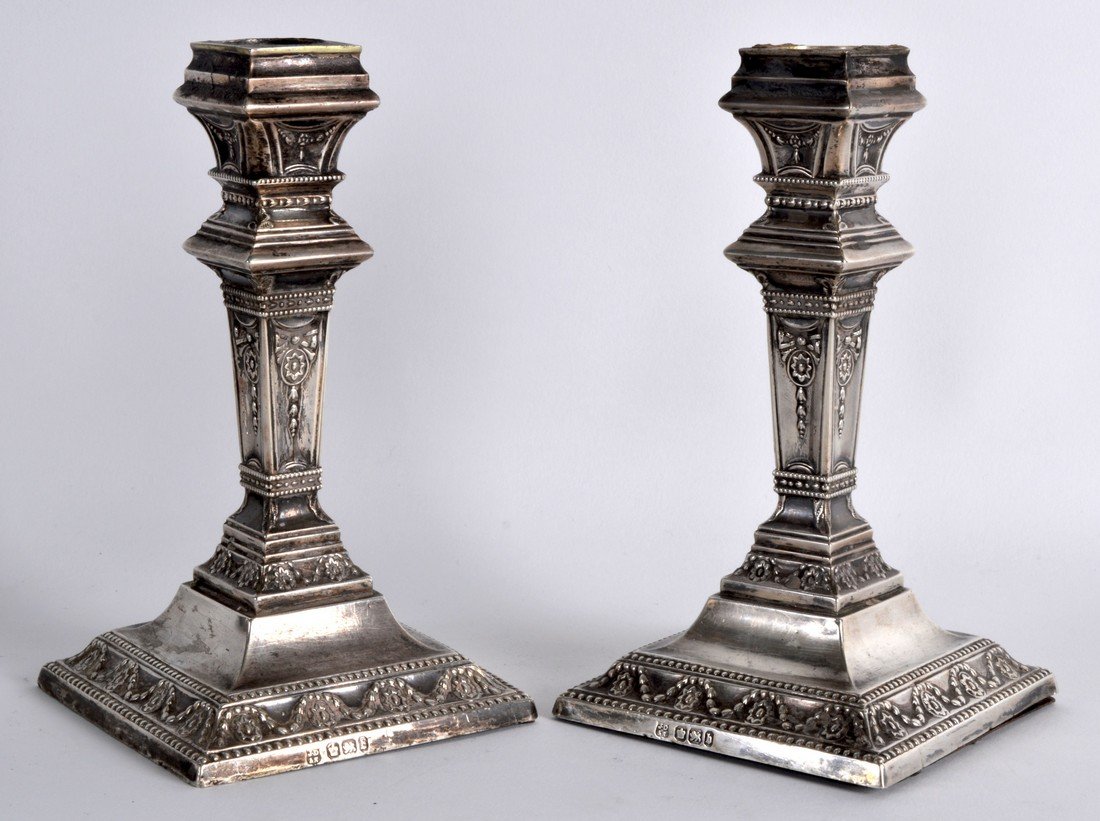 A PAIR OF SILVER NEO CLASSICAL CANDLESTICKS. Sheffield (1 of 1)