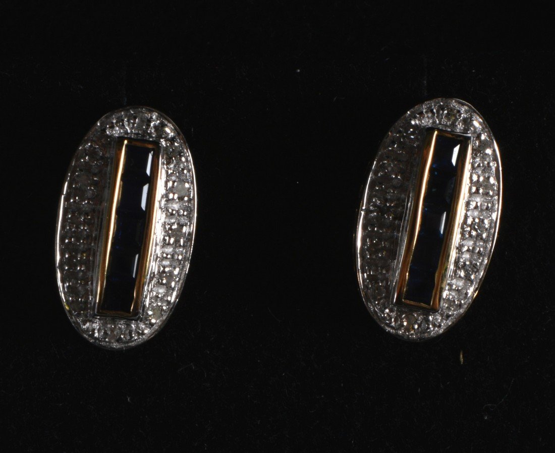 A PAIR OF 9CT GOLD SAPPHIRE AND DIAMOND EARRINGS. (1 of 1)