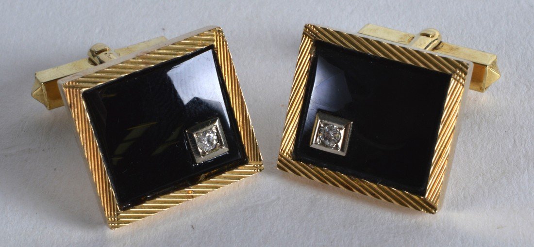 A PAIR OF 14CT YELLOW GOLD BLACK ONYX AND DIAMOND (1 of 1)