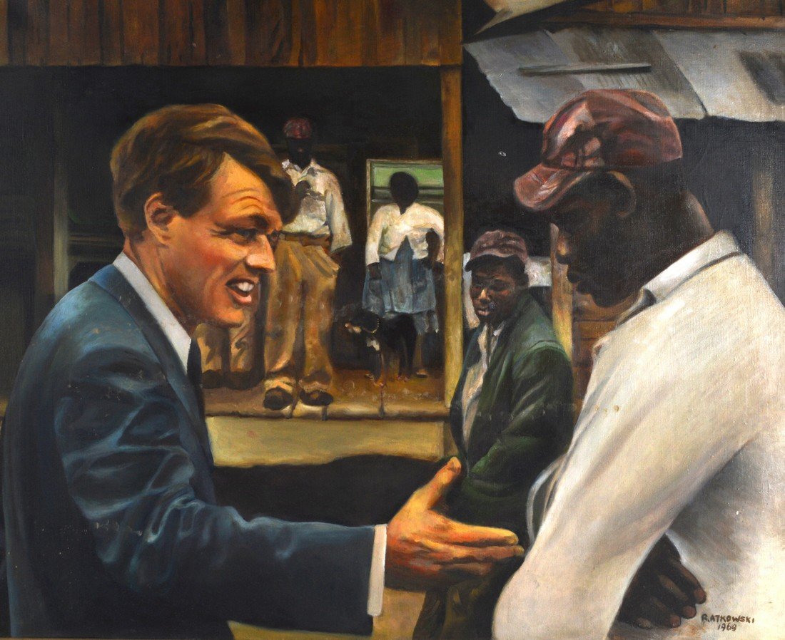 Anne Ratkowski (1903-1997) Jewish, Oil on canvas,: Anne Ratkowski (1903-1997) Jewish, Oil on canvas, Framed, 'Robert Kennedy offering a hand to a citizen'. Image 76cm x 60cm.