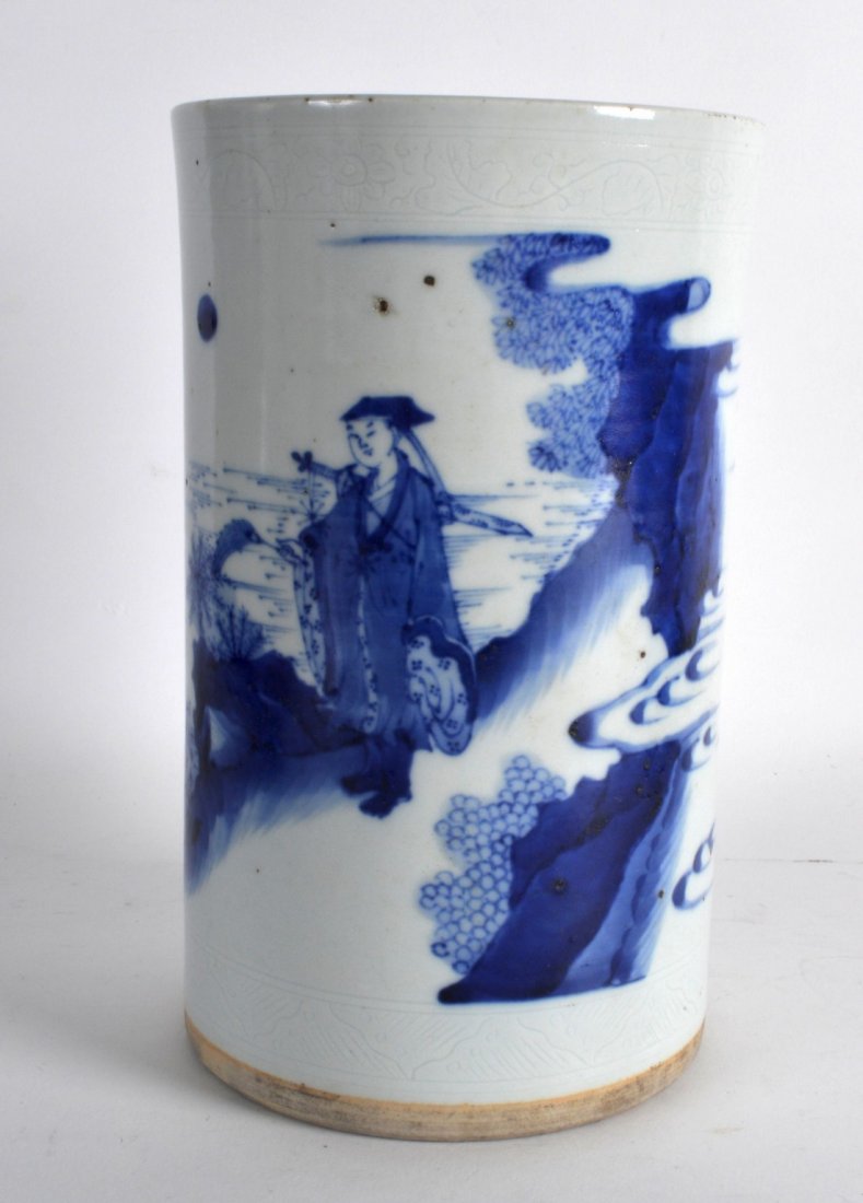 A CHINESE BLUE AND WHITE BRUSH POT painted in the (1 of 3)