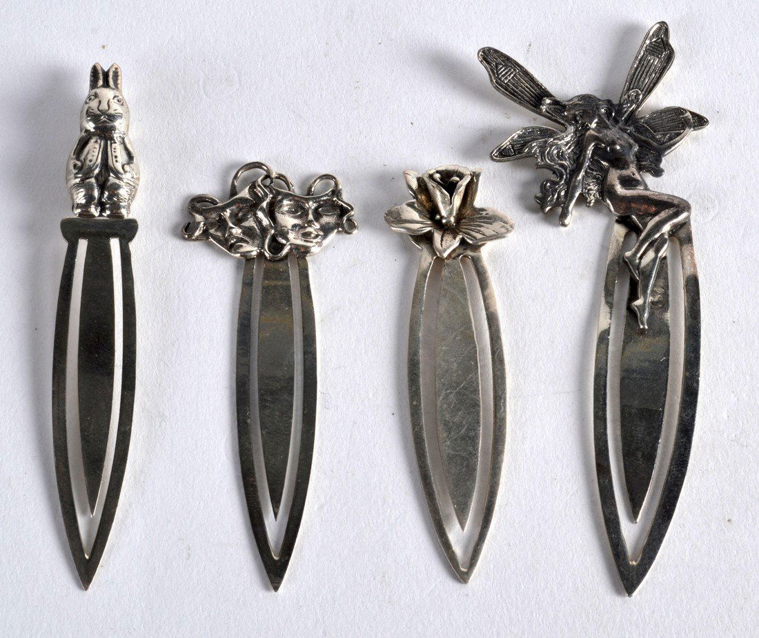 A GROUP OF FOUR NOVELTY SILVER BOOKMARKS. (4) (1 of 1)