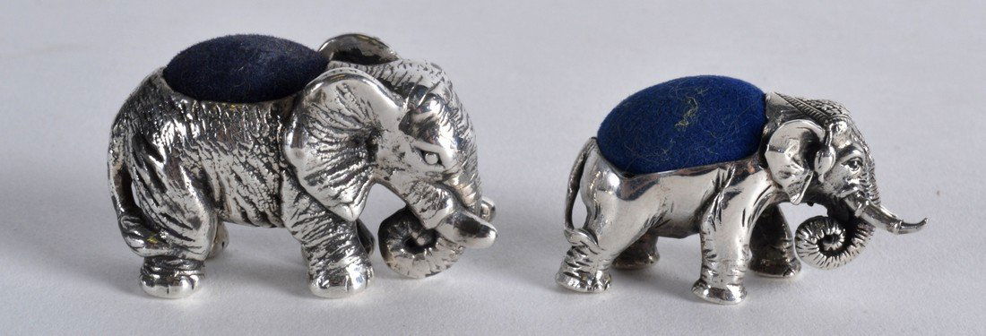 TWO NOVELTY SILVER ELEPHANT PIN CUSHIONS. (2) (1 of 1)