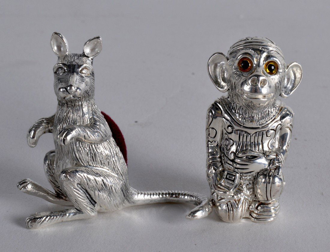 TWO SILVER PLATED MONKEY AND KANGAROO PIN CUSHIONS. (2) (1 of 1)