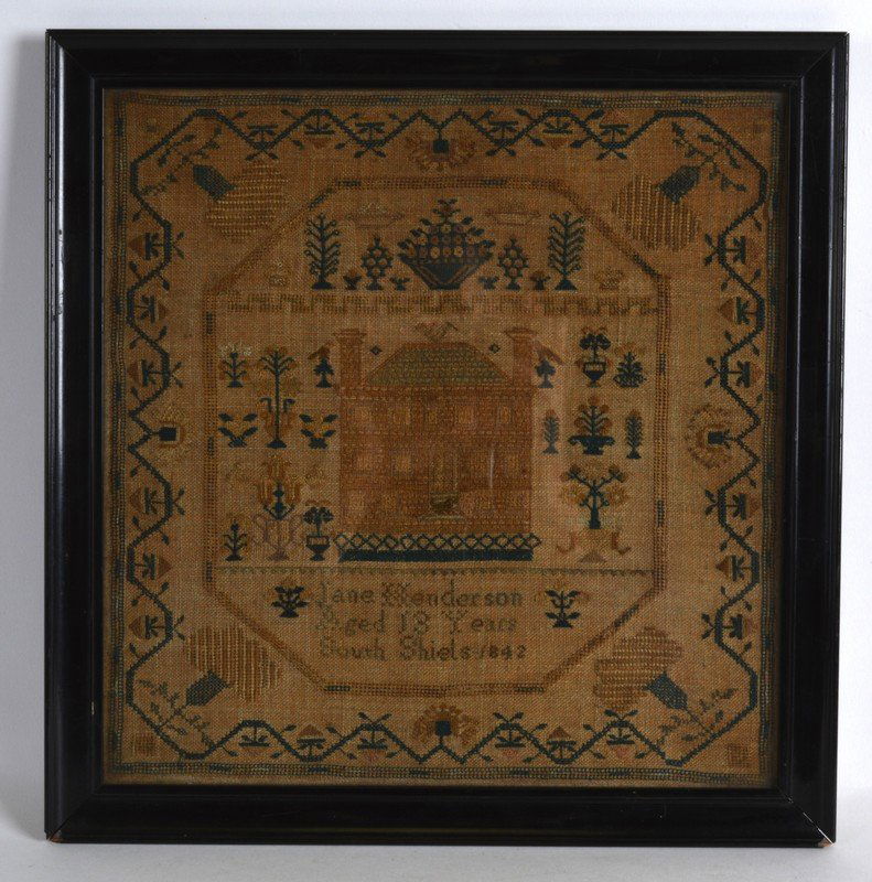 A MID 19TH CENTURY FRAMED SAMPLER by Jane Henderson: A MID 19TH CENTURY FRAMED SAMPLER by Jane Henderson Aged 13 Years South Shields 1842. 12.5ins square.