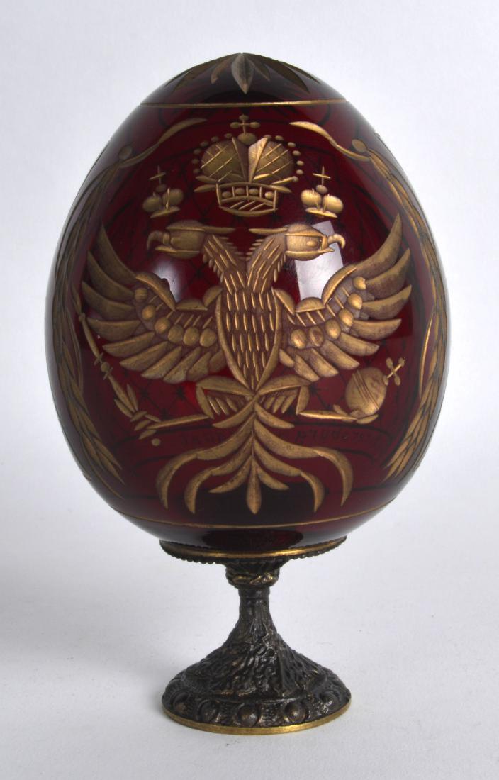 A CASED RUSSIAN 'ST PETERSBURG' RUBY GLASS EGG painted (1 of 2)