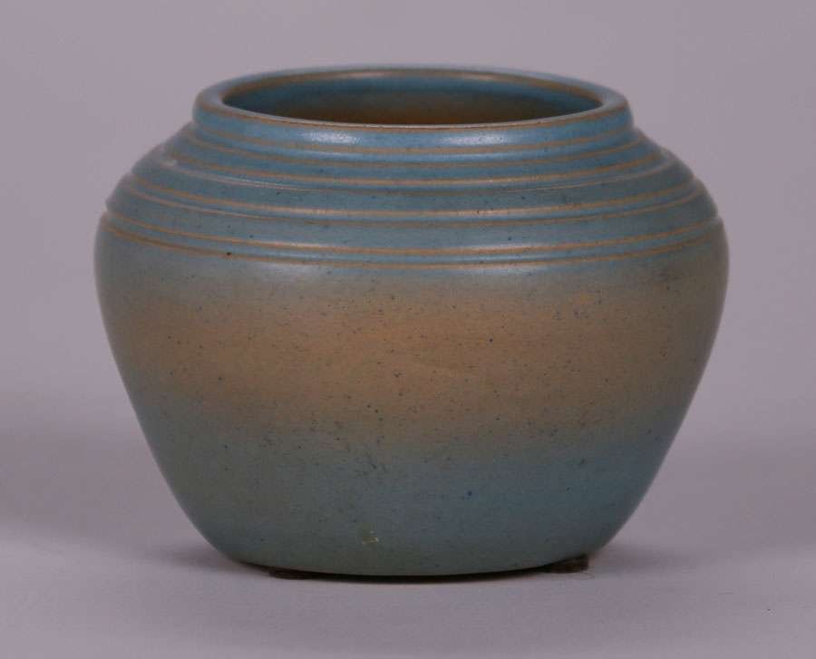 North Dakota School of Mines Pottery Vase: North Dakota School of Mines Pottery dark blue and brown matte glazed vase, perfect condition, 3.25″h x 4.75″d. We box and ship ourselves, to keep shipping costs low. We do not use a packa