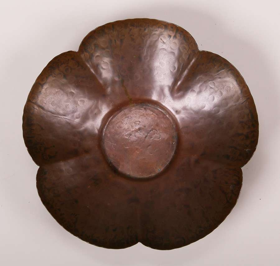 Byard Tully Hammered Copper Poppy Bowl: Byard Tully hammered copper “poppy” bowl. Tully worked and trained under Harry St John Dixon in San Francisco and in 1932 opened his own shop. This bowl dates from the early 1930s. Signed. Excelle
