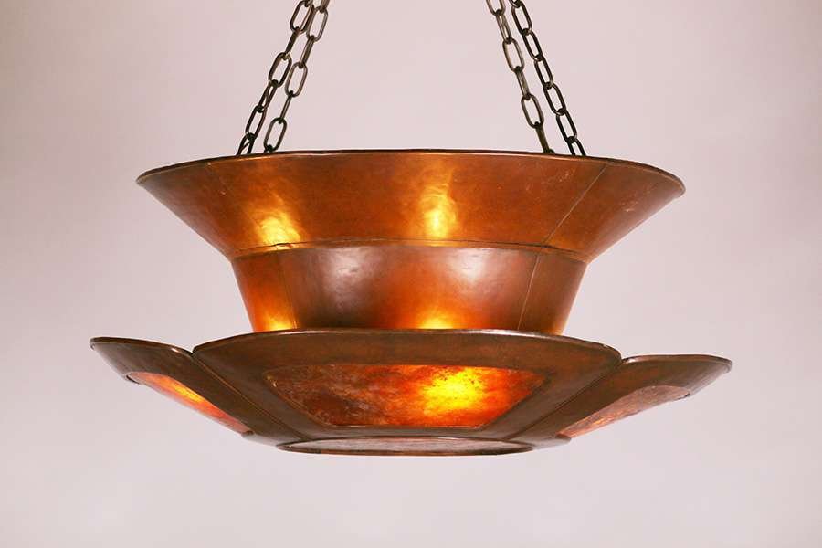 Harry Dixon Hammered Copper & Mica Chandelier 1921-1925: Rare & Important Harry St John Dixon hammered copper & mica chandelier c1921-1925. Harry Dixon was Dirk van Erp's first apprentice and the brother of the famous artist Maynard Dixon. Unsigned. Ori