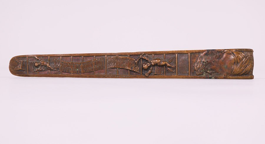 Clyde Fitch "The Climbers" Bronze Letter Opener c1901: Clyde Fitch The Climbers Bijou Theater bronze promotional letter opener c1901. Souvenir 100th Performance Amelia Bingham Company and Bijou Theater April 3rd 1901. Excellent original patina. 11″ 