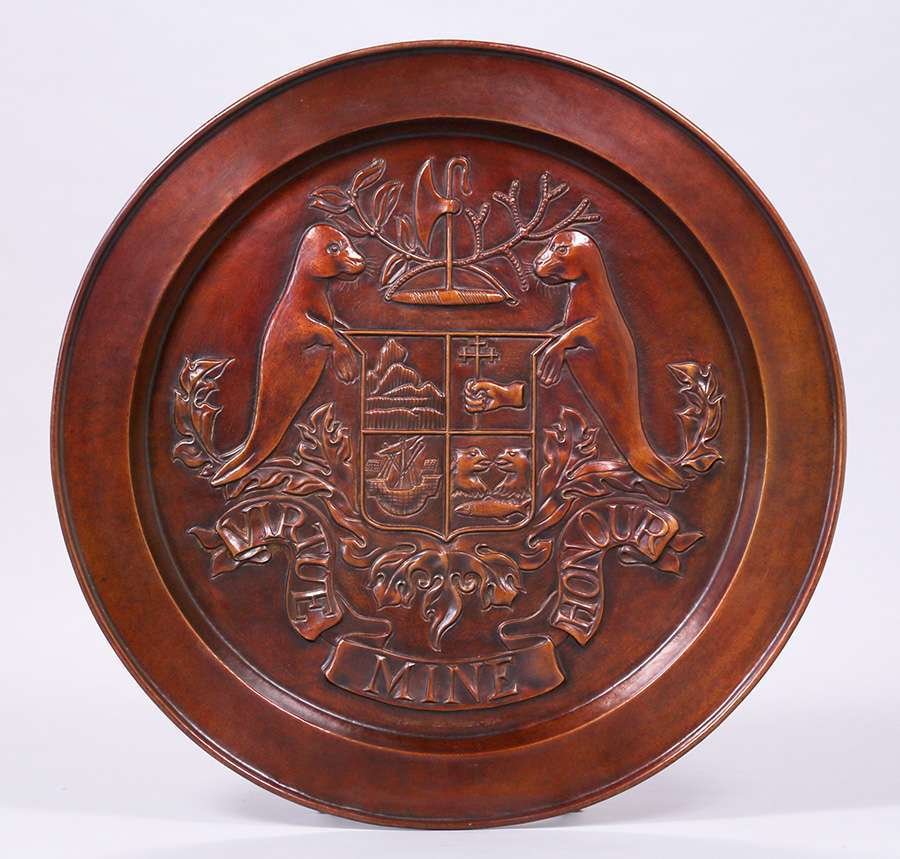 Massive 31.5"d Harry Dixon Scottish Plaque 1924: Massive Harry St John Dixon hand-hammered brass Scottish plaque. Dated 1924. Excellent new patina. (Virtue Mine Honour). 31.5″d. We box and ship ourselves, to keep shipping costs low. We do not