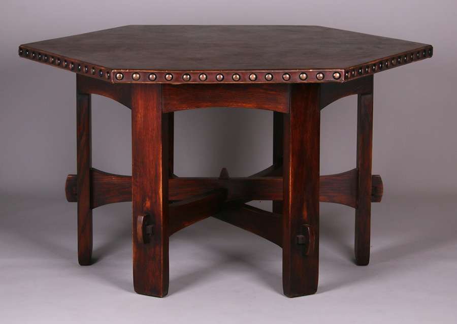 Gustav Stickley Hexagonal Leather-Top Table (1 of 3)