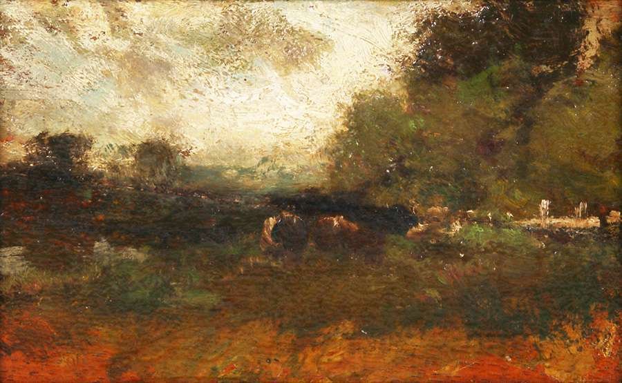 William Keith Small Landscape Painting: William Keith (1838-1911) small landscape oil painting on board. Unsigned except old gallery label on back “Landscape by William Keith for Blanche Latcher”. Excellent condition. 5″ x 8″