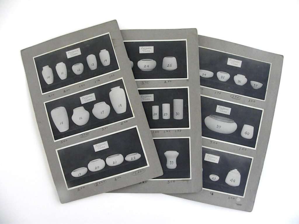 Salesman's Catalog of California Faience Shapes c1918: The Tile Shop, salesman's catalog of California Faience shapes numbers 10 to 44, with measurements and prices written on back, 3 cardboard leaves with pasted photos, circa 1918-1920, each leaf 10 1/2"