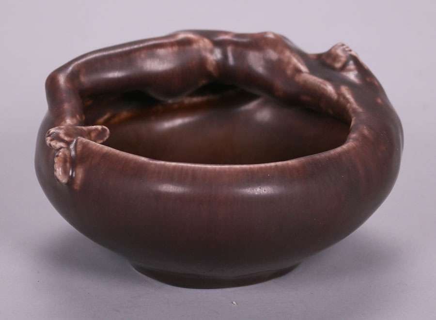Rookwood Nude Figural Bowl 1922: Rookwood nude figural bowl (design by Anne Marie Valentien) c1922. Minute grinding chips to base, otherwise perfect condition. 4.5″d x 2.5″h. We box and ship ourselves, to keep shipping co