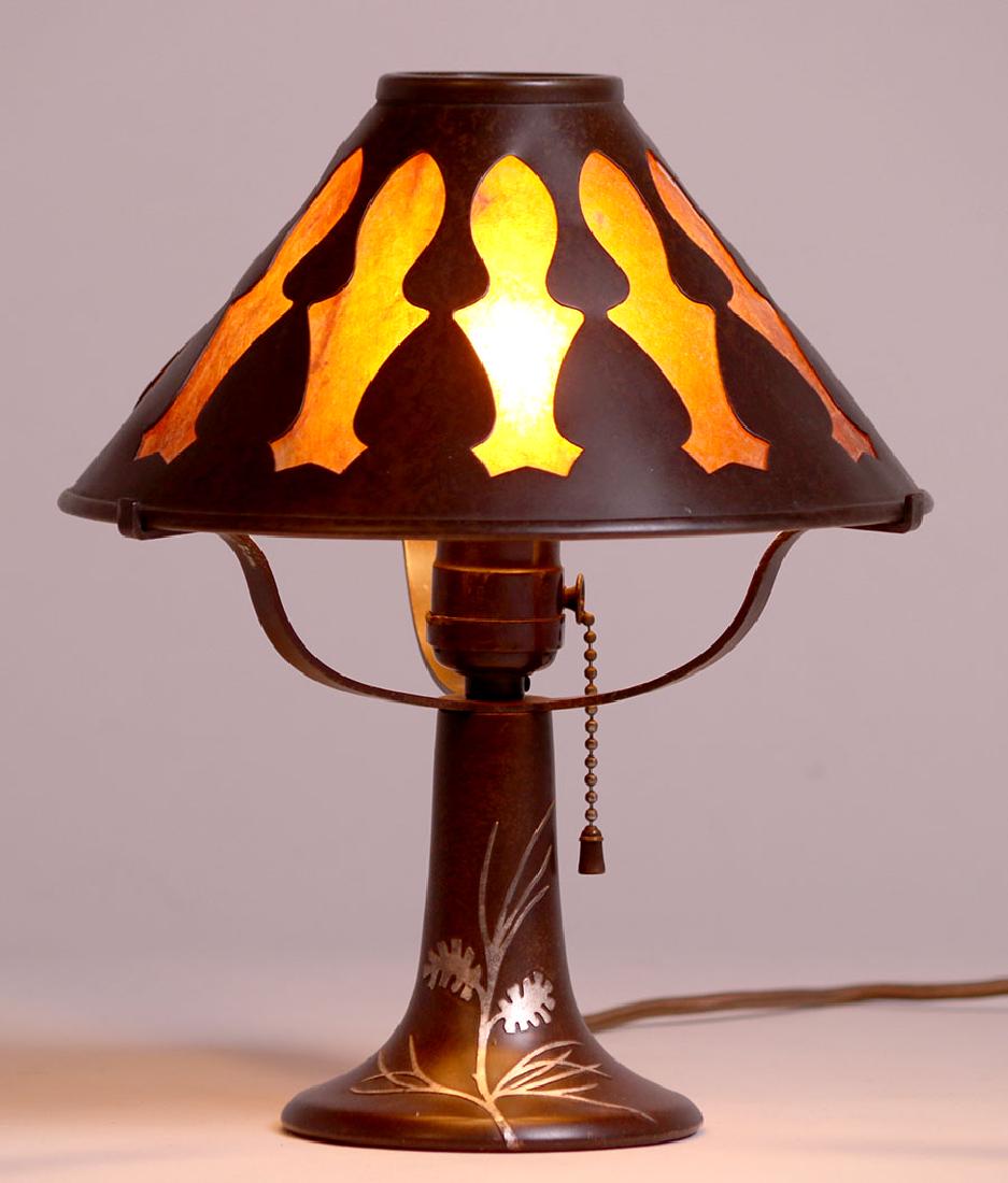 Heintz Sterling-on-bronze Boudoir Lamp with Mica: Heintz sterling on bronze boudoir lamp with mica. Signed. Excellent original patina. 10.25"h x 8.5"d Spend $5000 or more at this auction and all of your SHIPPING IS FREE within the lower 48 states.SH