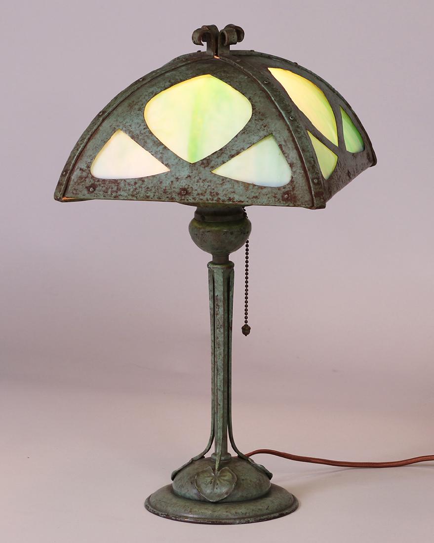 Bradley & Hubbard Lamp with Curved Green Slag Glass (1 of 4)
